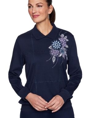 Alfred Dunner Navy Floral Embroidered‎ Polo